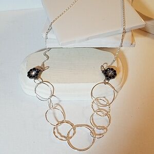 Silver Tone Rings Floral Charm Necklace 24" Flower Black & White Stone